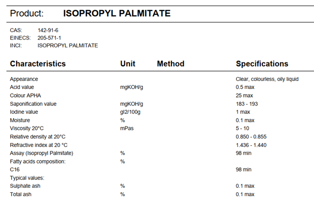 Isopropyl palmitate specification_ECSA Chemicals